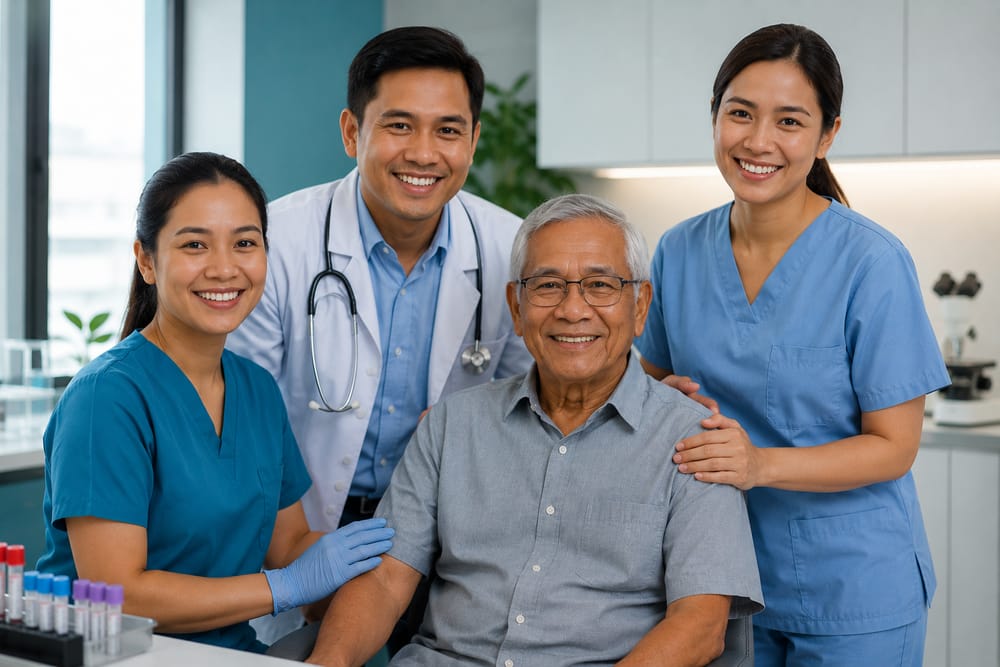 Filipino doctor and medical staff warmly gathered around a smiling senior patient in the clinic